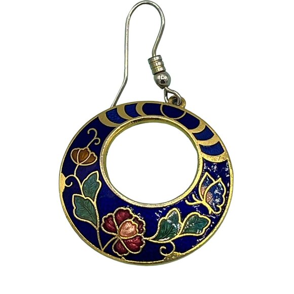 Vintage Cloisonné Enamel Earrings Set Of 3 - Floral Bird & Heart Designs - Picture 5 of 10